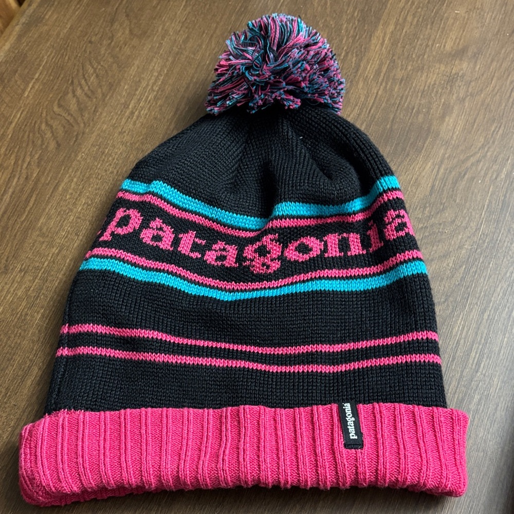Patagonia' Black and Pink Striped Pom Pom Beanie